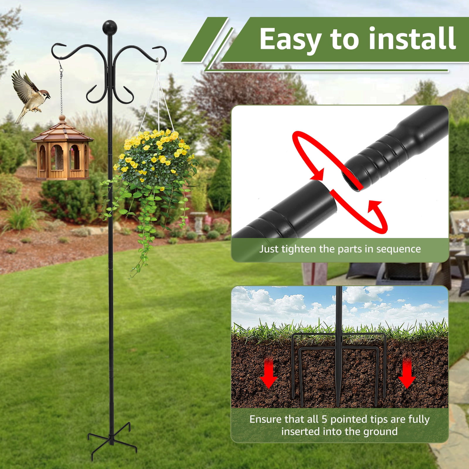 Threns Shepherd Hook 78.35 Inches Iron Double Shepherd Hook with 5 Prong Base Adjustable Bird Feeder Pole for Hanging Basket Solar Lantern