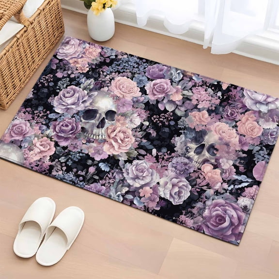 2x3 Ft Entryway Area Rug, Halloween Skull Kitchen Rug Runner Washable Floor Mat, Vintage Colorful Rose Floral Wildflower Non Slip Indoor Door Mat Throw Carpet for Bathroom Living Room Bedroom