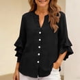 thumbnail image 2 of Huowey Oversized Tshirts For Women Solid Color Stylish 3/4 Sleeve V Neck Lightweight Long Shirt Button Down Breathable Ruffles Loose Fit Casual Fashionable Summer Tunic Tops,Black,S, 2 of 7