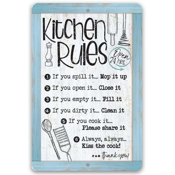 Metal Sign - Kitchen Rules, Open 24 Hrs. - Durable Metal Sign - Use Indoor/Outdoor - Makes a Funny Kitchen Decor and Housewarming Gift Under $20 (8" x 12")