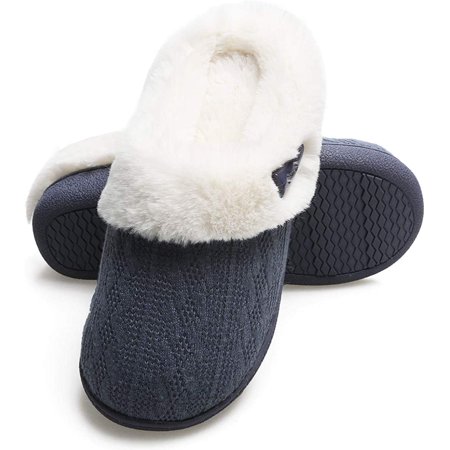 

DanceeMangoo Womens Warm Knitted Slippers Faux Fur Fluffy Lined Winter Slip-On House Slippers Suede Anti-Skid Sole Indoor Outdoor