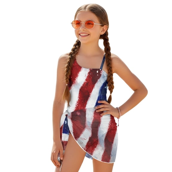 Whosucclay American Flag Pattern Girls One Piece Swimsuits for Summer Swimwear, Adjustable Strap Removable Bra Girls Swimsuit, 7-8 Years Old