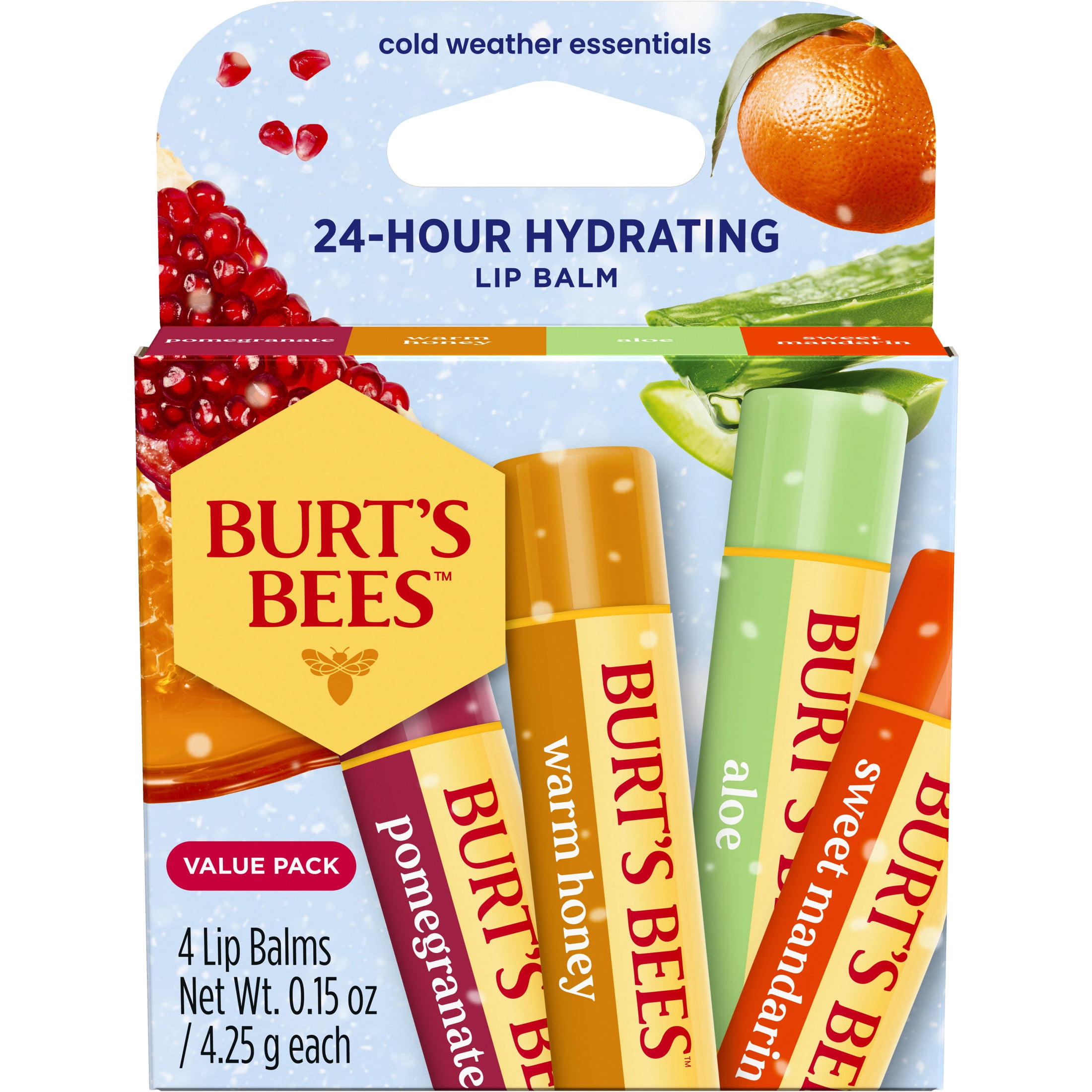 Burt's Bees Cold Weather Essentials 24-Hour Hydrating Natural Lip Balm Value Pack, Walmart Exclusive, 4 Pack