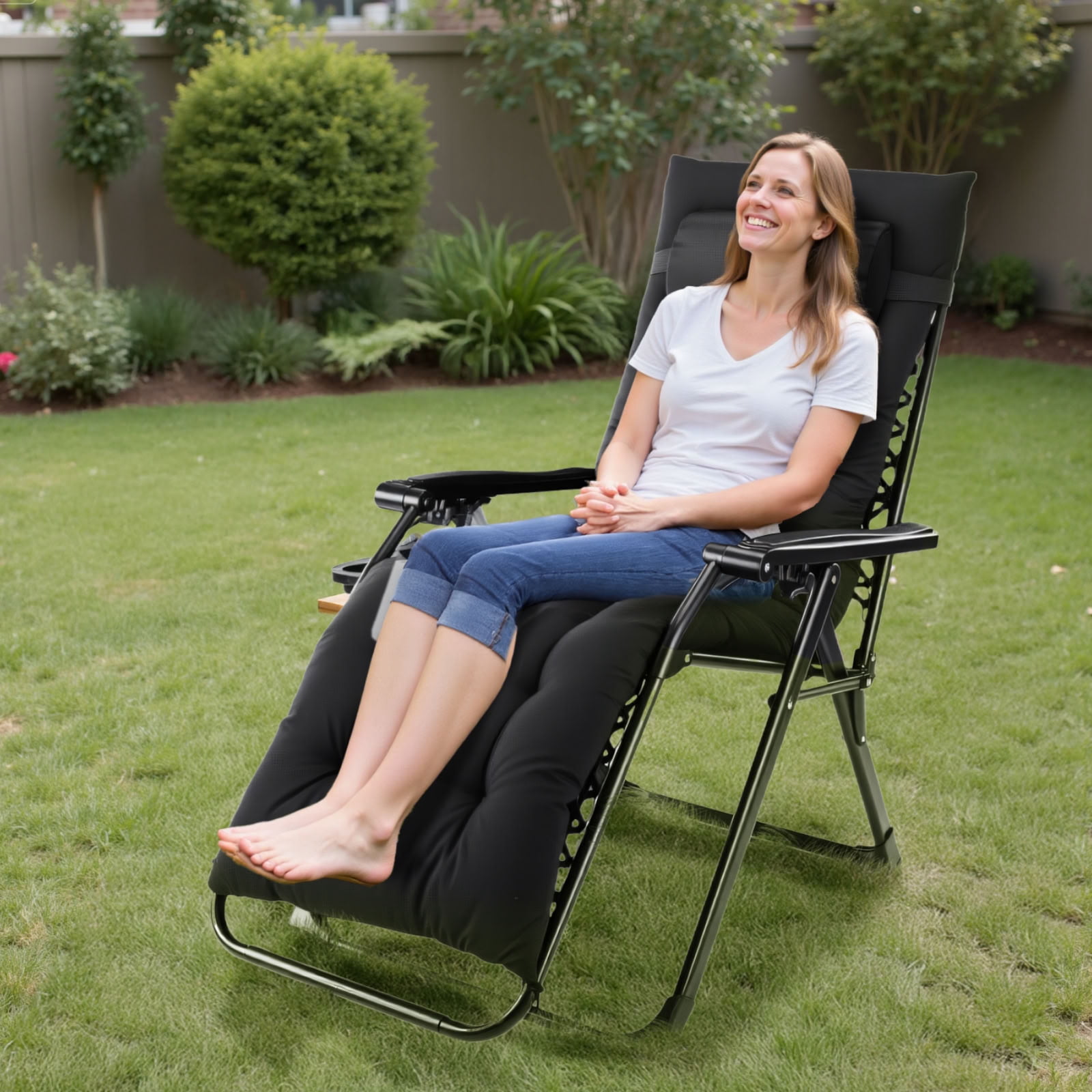 MAYEERTY Lockable Outdoor Zero Gravity Chair, Foldable Reclining Patio Lounge Chair with Removable Cushion & Cup Holder Tray, for Lawn Pool Beach Balcony