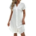 thumbnail image 2 of Women Linen Dress Spring Summer Casual Cap Sleeve V Neck Midi Button Down Shirt Dresses White S, 2 of 6