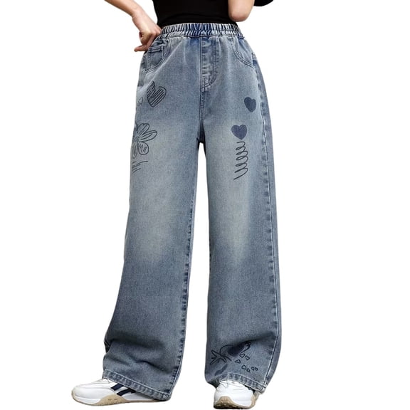 GiLiling Girls Wide Leg Baggy Jeans High Waisted Elastic Waist Cargo Denim Pants Y2k Vintage Aesthetic Casual Pants Heart Embroidery (Blue, 11-12 Years)