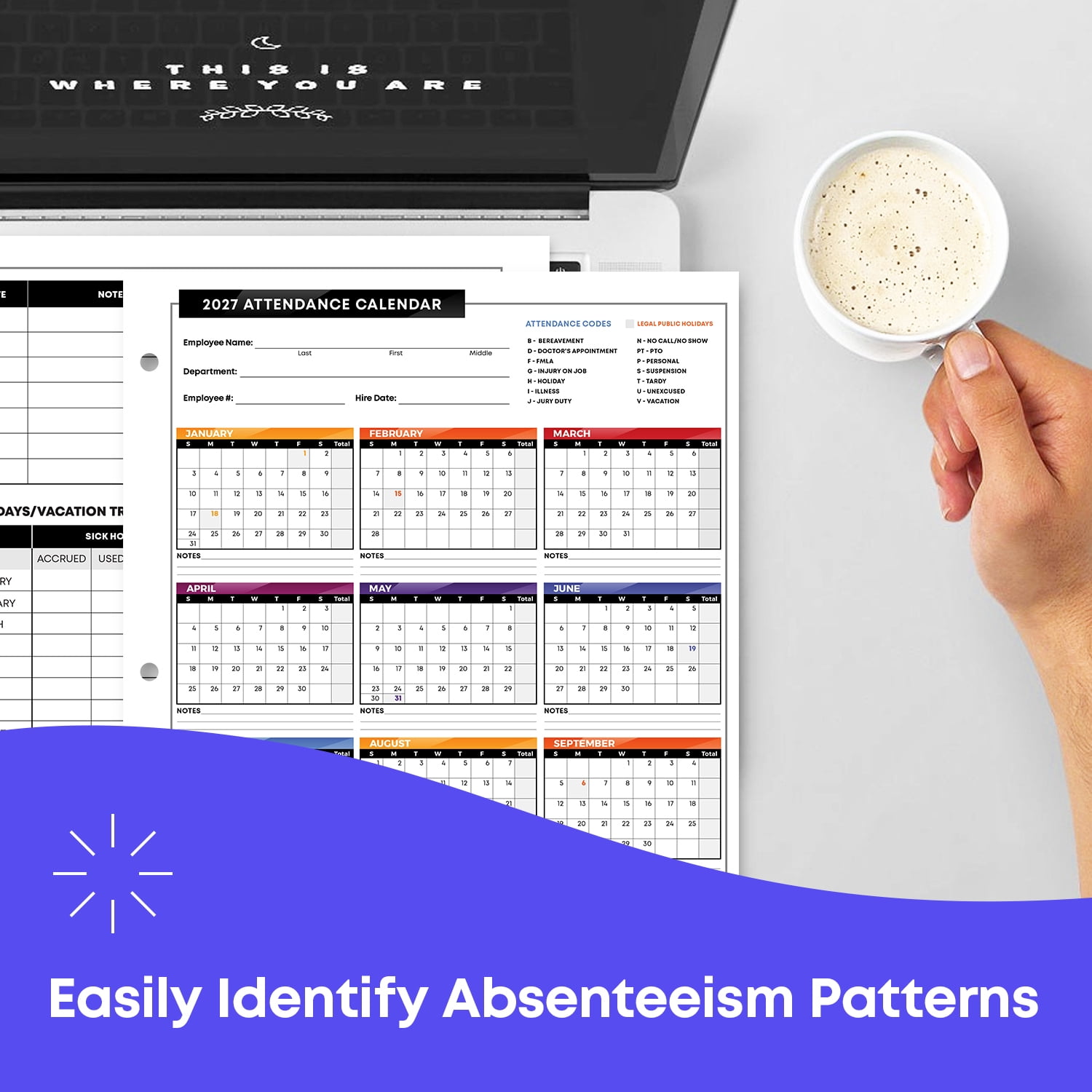 2027 Attendance Calendar Card Stock Paper – Great Employee Work Tracker | Bright & Colorful, Printed on Durable & Thick 80lb Cover (216gsm) Cardstock | 3 Hole Punched | 8.5 x 11" | 25 Sheets per Pack