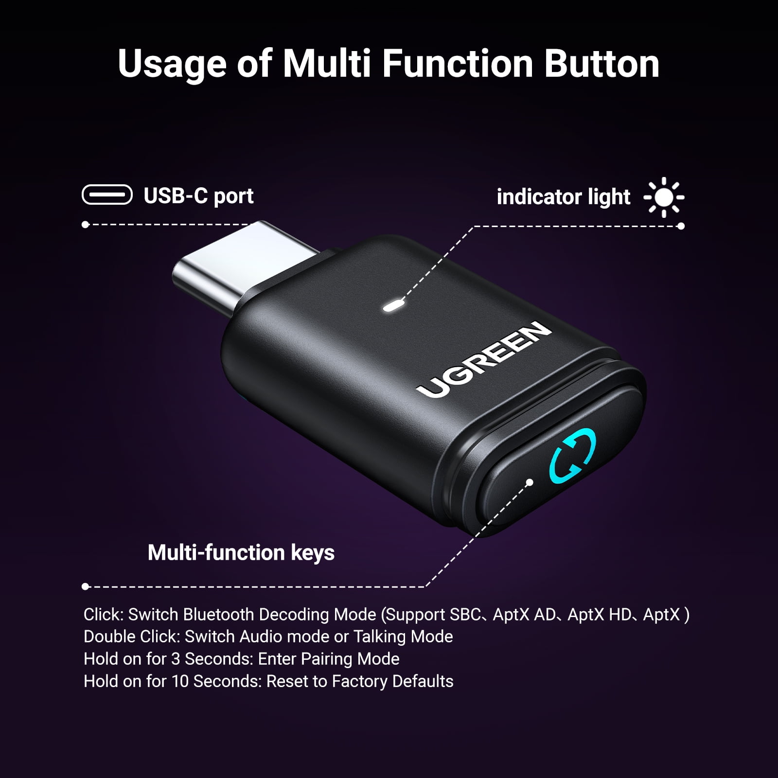 UGREEN Bluetooth 5.3 Adapter for PS5 & Gaming, Compatible with USB-C Devices, APTX Low Latency Audio for Wireless Headphones