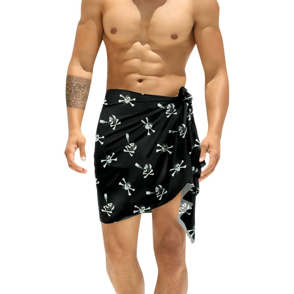 HAPPY BAY Men's Costumes Summer Sarong Wrap Pareo Caribbean Pirates Swim Trunks Swimwear Full Beach Wraps for Men One Size Black Skull