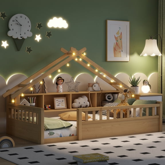 Mirightone Twin Size Montessori Floor Bed with LED Light, Storage Bookcase & Safety Rail, Solid Pine Wood  House Floor Bed, No Box Spring Needed(Natural)