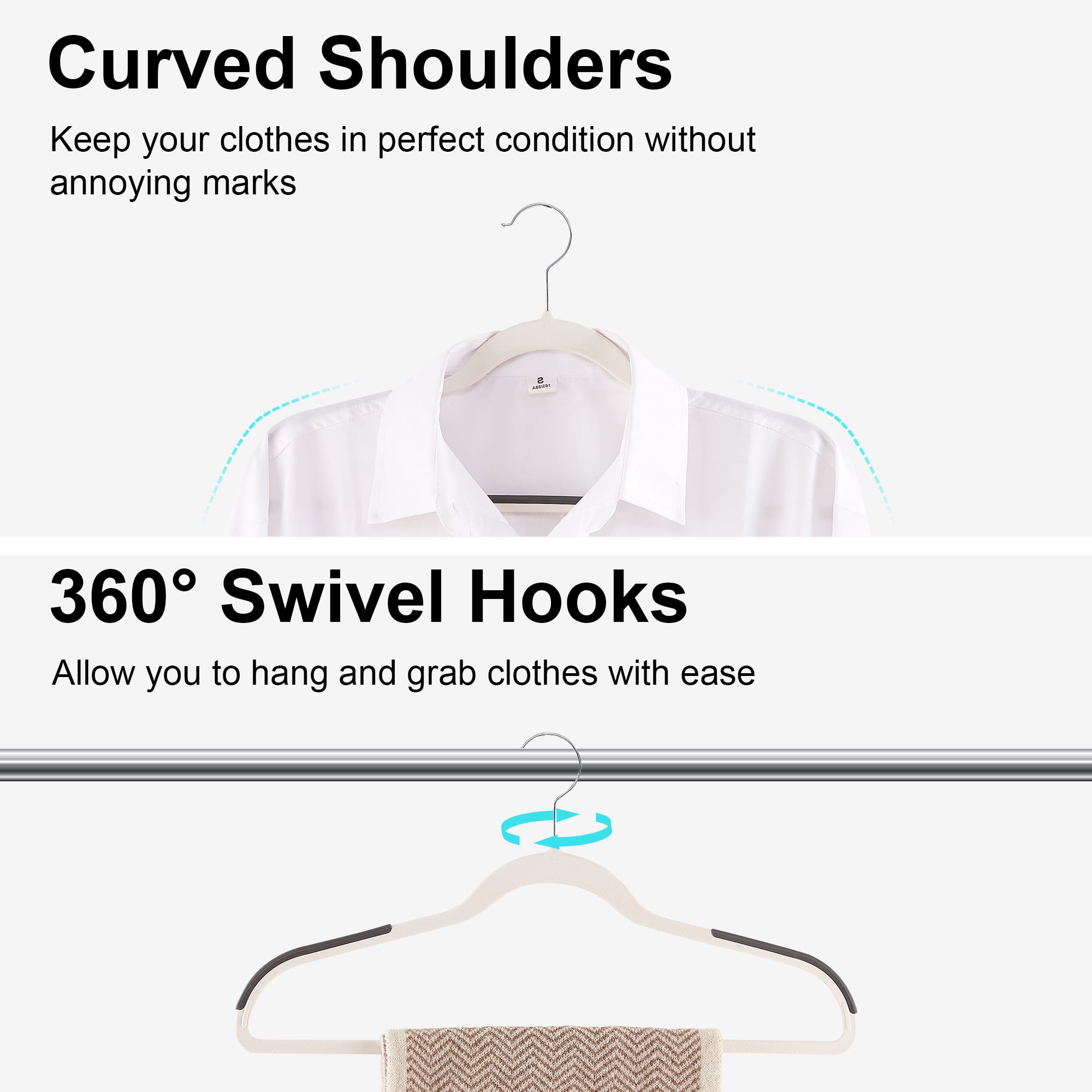 VECELO 50 Pack Heavy Duty Plastic Hangers, 360º Swivel Hook Coat Hangers, Non-Slip, Space-Saving, Light Gray