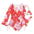 thumbnail image 4 of Jacenvly 2024 Bikini with Kimono Cover up Set Casual Long Sleeve Swimsuit Contrast Color with Cover up Surfing Swimwear Skin-Friendly Women'S 3 Piece Print Side Set with Cover up Red, 4 of 8