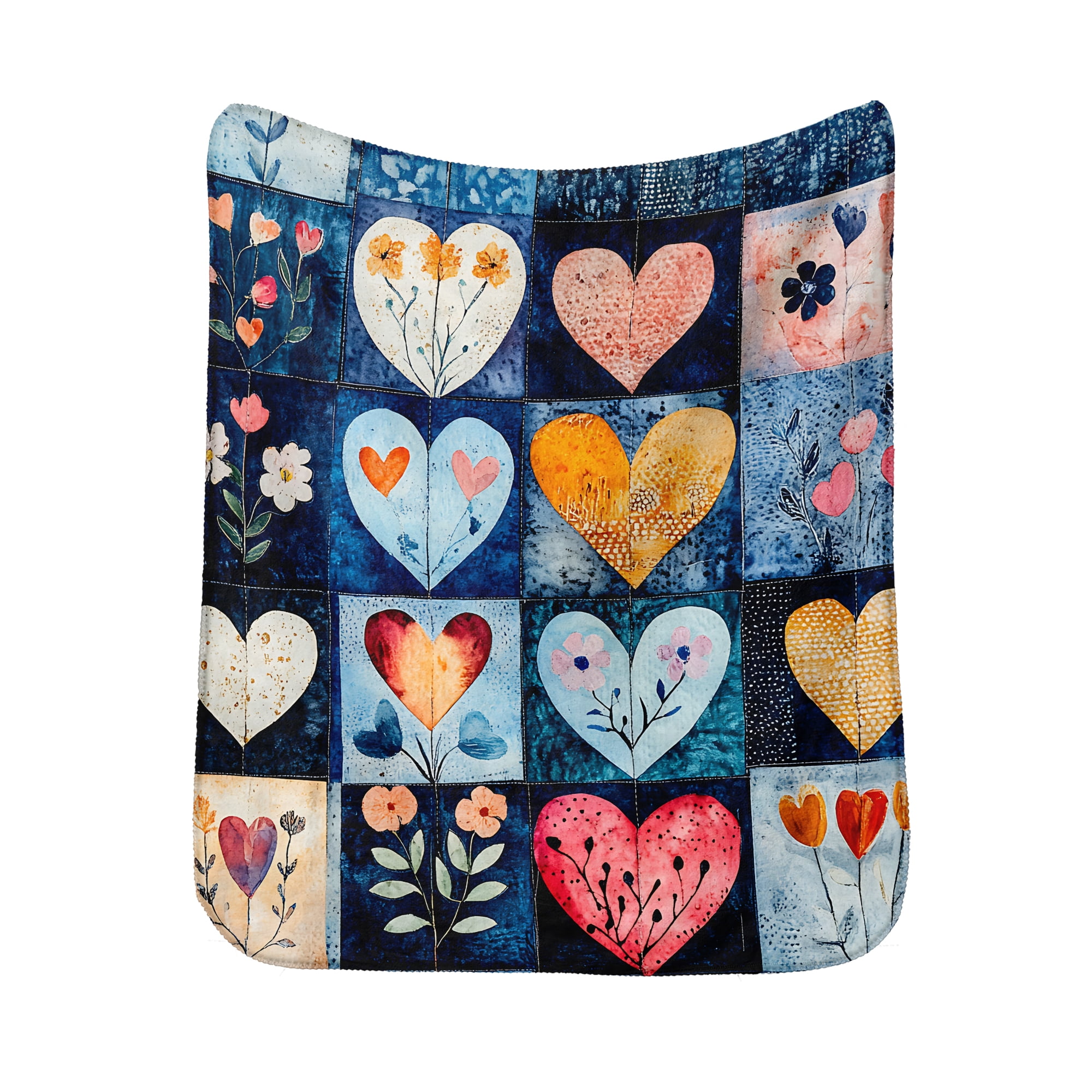 Sherpa Fleece Throw Blanket 50"x60" Reversible Plush Fluffy Blanket, Double-Layer Super Soft Flannel Blanket for Sofa, Couch, Bed, Patchwork Floral & Heart Pattern
