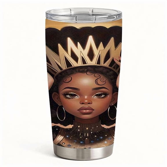 African Queen Art Tumbler with Lid, Stainless Steel Insulated Travel Cup, Elegant Crown Illustration