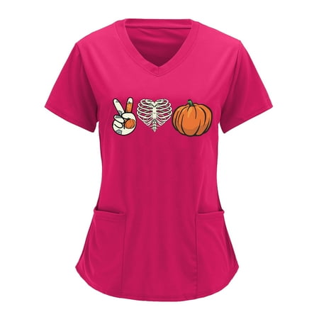 

TAIAOJING Scrubs for Women V Neck Solid Color Overalls Partial Positioning Printing Solid Color Short Sleeve Top Overalls Top