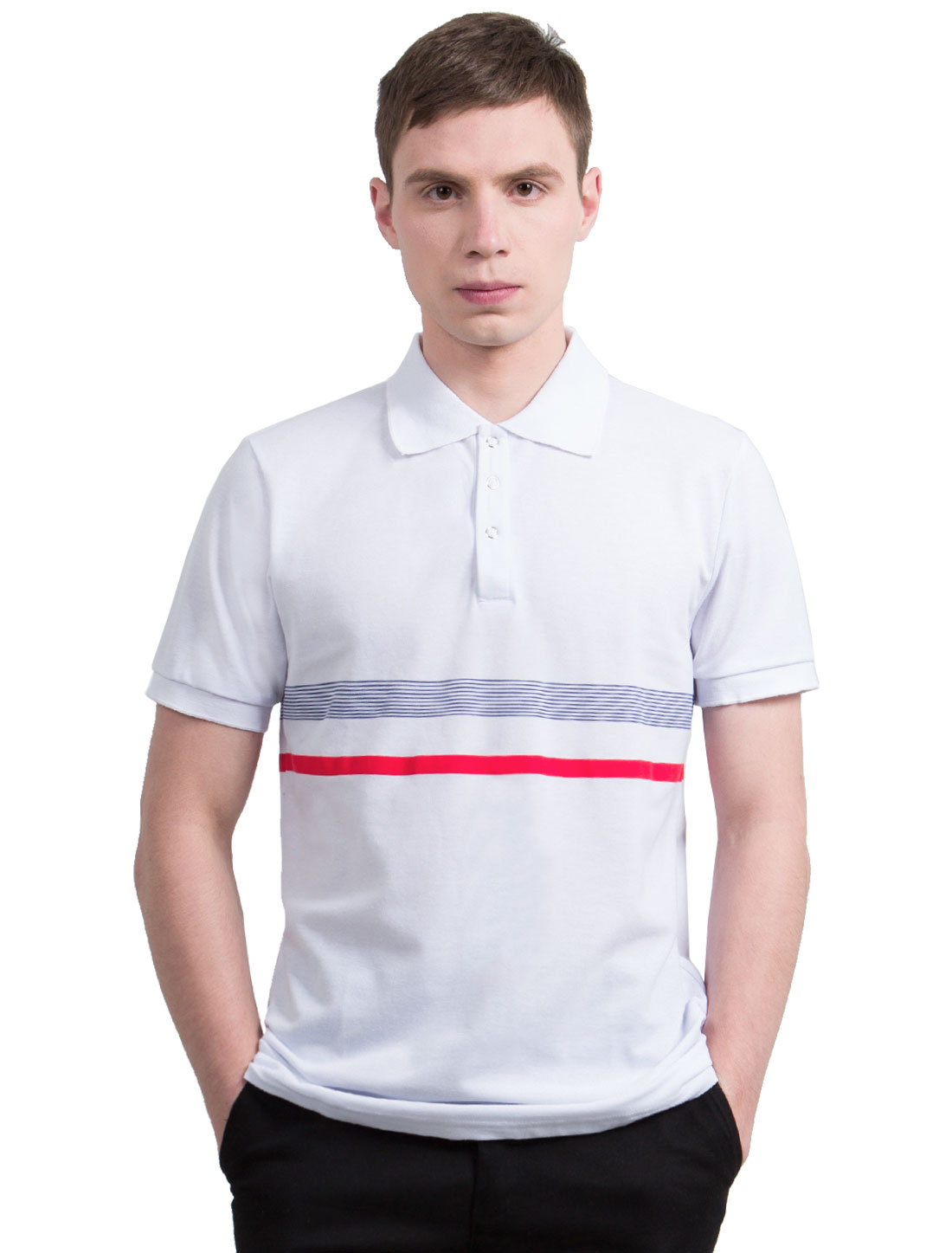 Men Short Sleeves Printed Stripe Snap Button Knitted Trim Polo Shirt White L | Walmart Canada