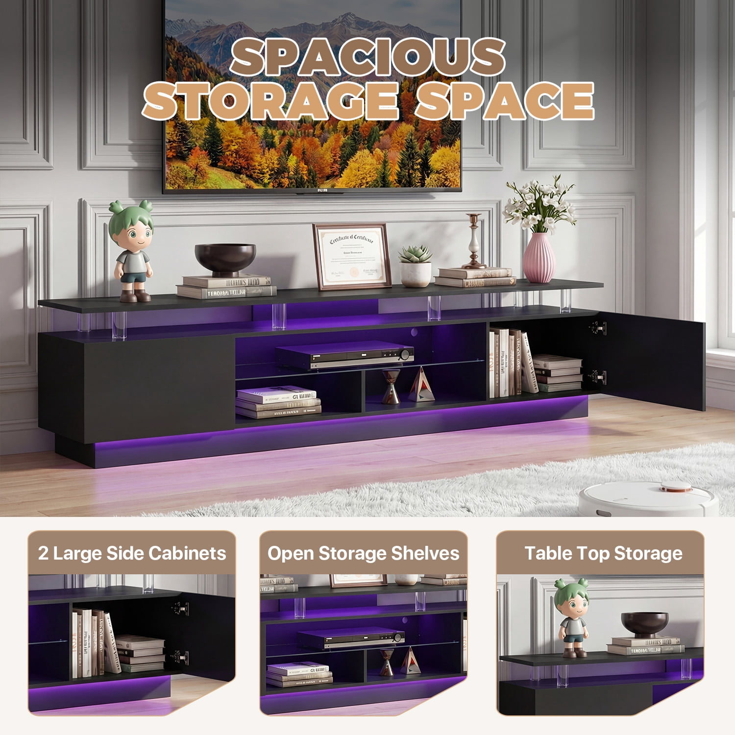 BaPiPro 80" LED Modern TV Stand for TVs up to 90", Entertainment Center TV Console with Music Sync LED for Living Room, Black