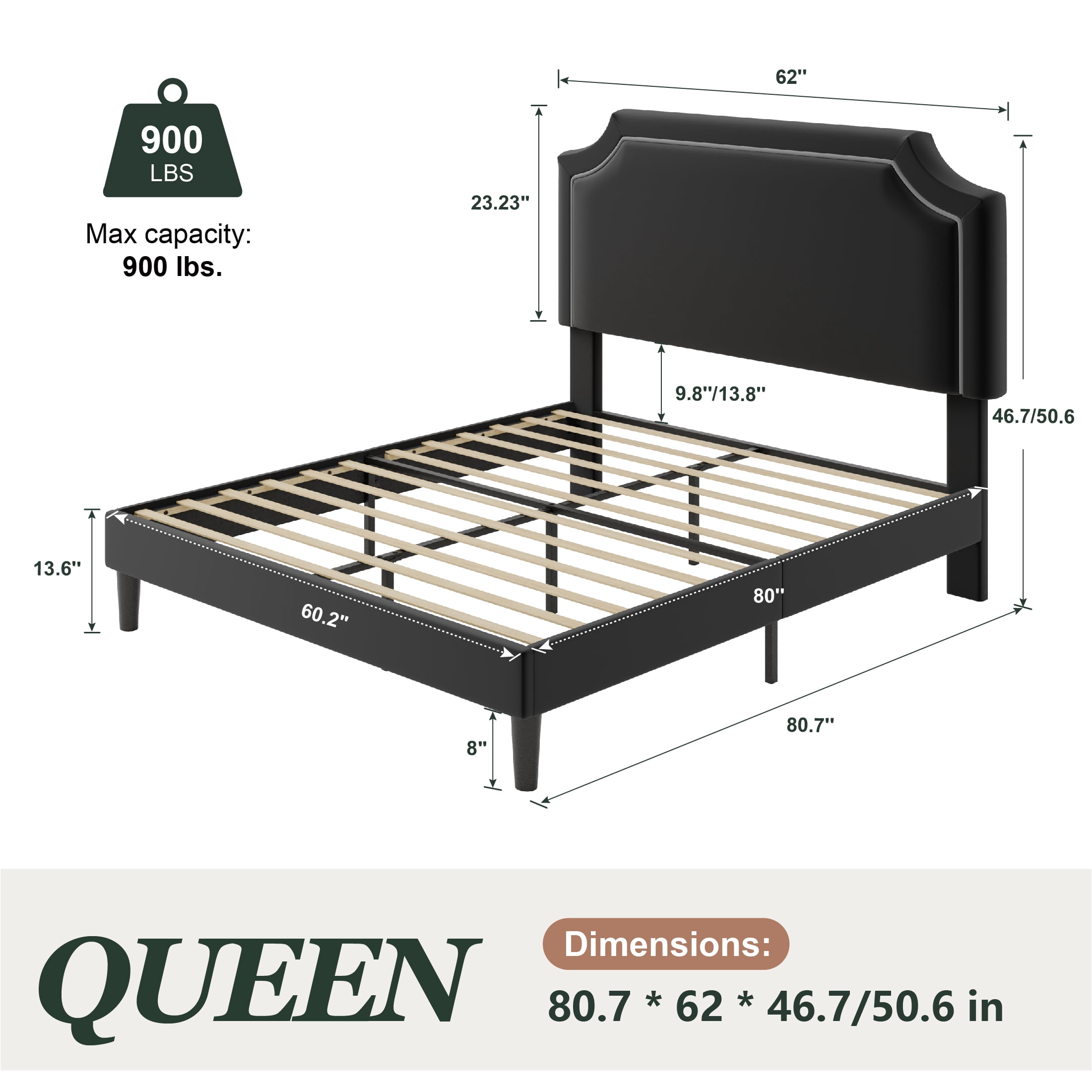 Amolife Queen Bed Frame, Upholstered Platform Bed with Streamlined Adjustable Headboard, No Box Spring Required, Black, Velvet