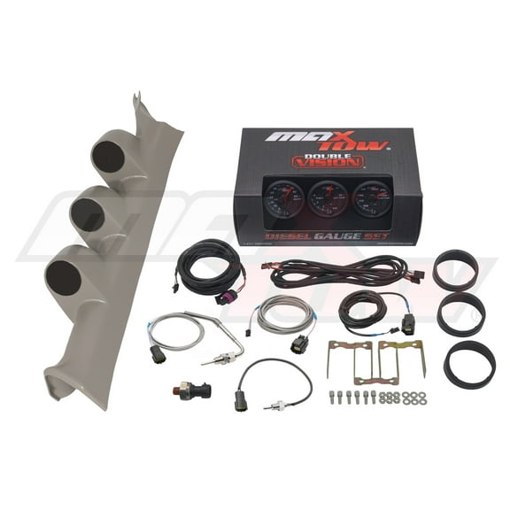 MaxTow | 2008-2010 Ford Super Duty 6.4 Powerstroke Gray Triple Gauge Pillar Pod with Black & Green Double Vision Series 60 PSI Boost Gauge, 1500 F EGT Pyrometer & Trans Temp Gauge