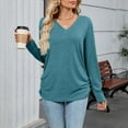thumbnail image 4 of hoksml Women's Long Sleeve Shirt Fashion Solid Color V-neck Leisure Side Pleats Loose Tee Pullover Top, 4 of 6