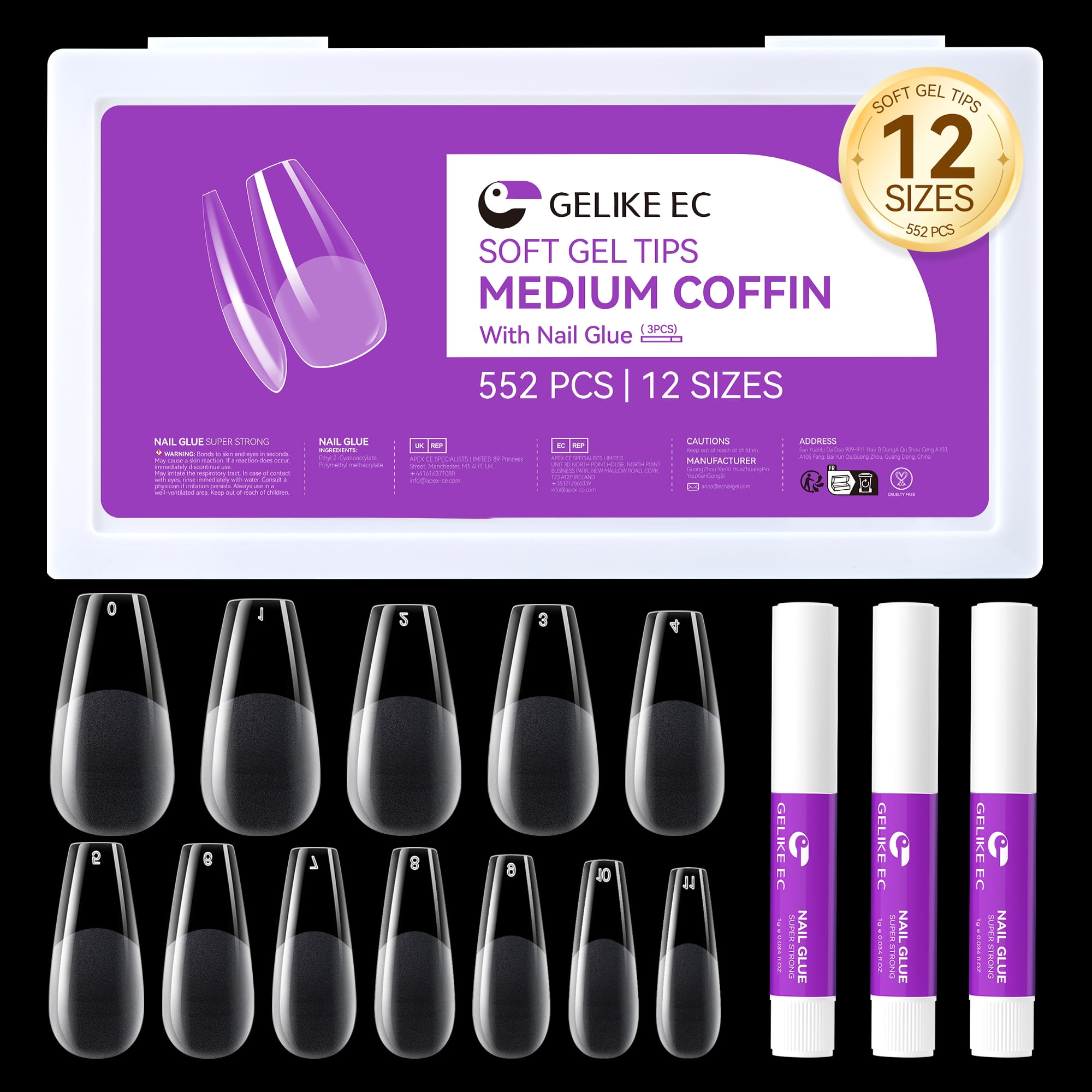 Gelike EC 552pcs Medium Coffin Soft Gel Nail Tips with 3pcs Nail Glue ...