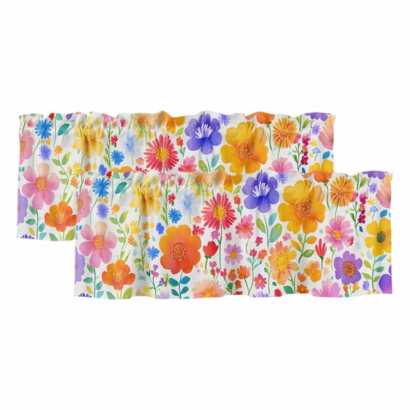 Spring Floral Valances for Windows, Watercolor Colorful Botanical Summer Light Filtering Kitchen Curtains, Rod Pocket Window Valance Curtains for Living Room Bedroom, 42" W x 12" L, 2 Panels