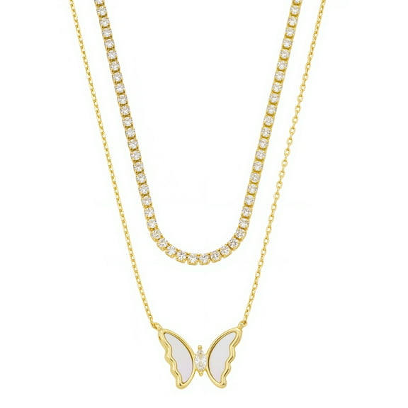 Believe by Brilliance Women's 14Kt Gold Flash Plated Mother of Pearl Butterfly and Cubic Zirconia Tennis Necklace Set, 16 2" & 18 2"