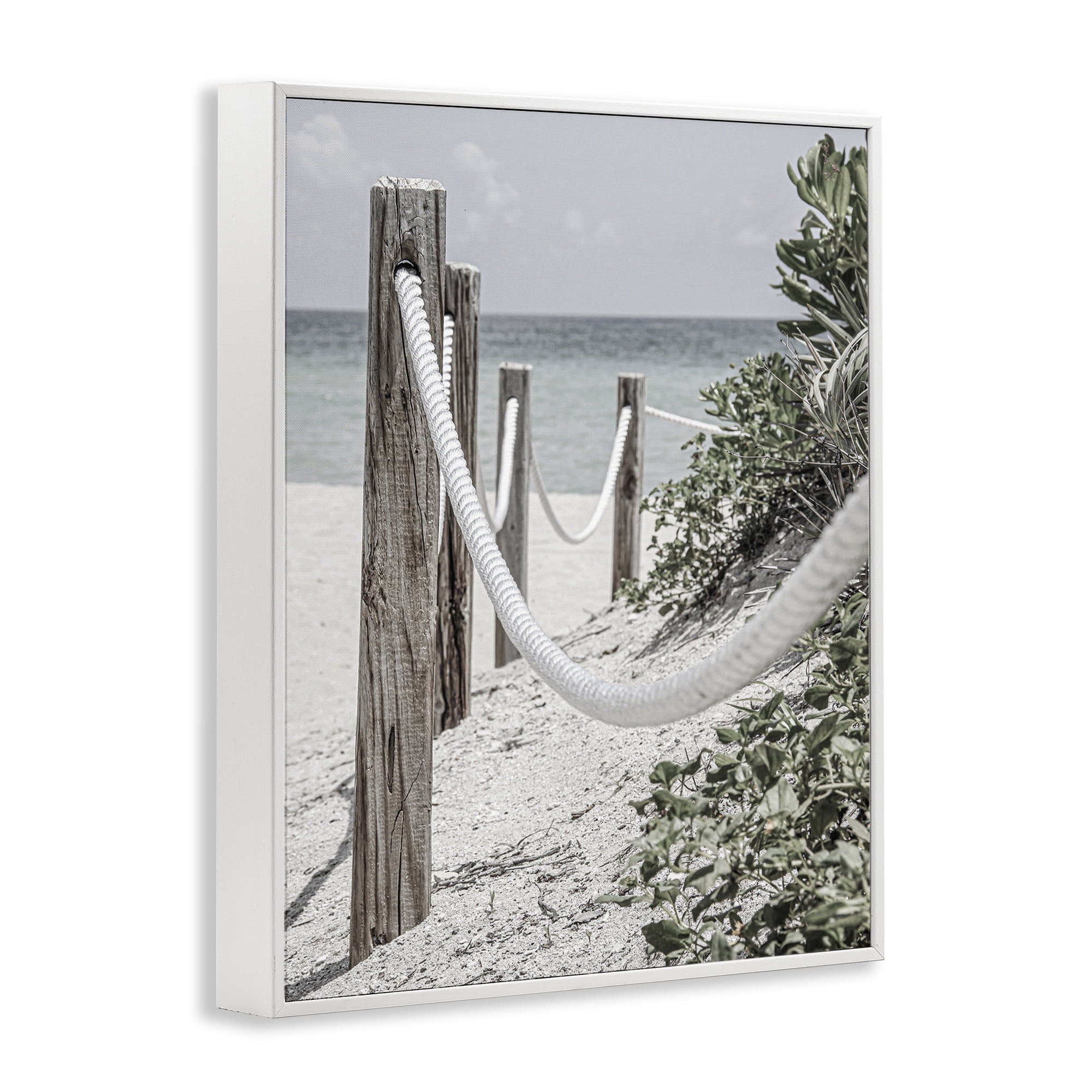 Stupell Industries Rope Fence Beach Landscape Photography White Framed Art Print Wall Art, 16 x 20
