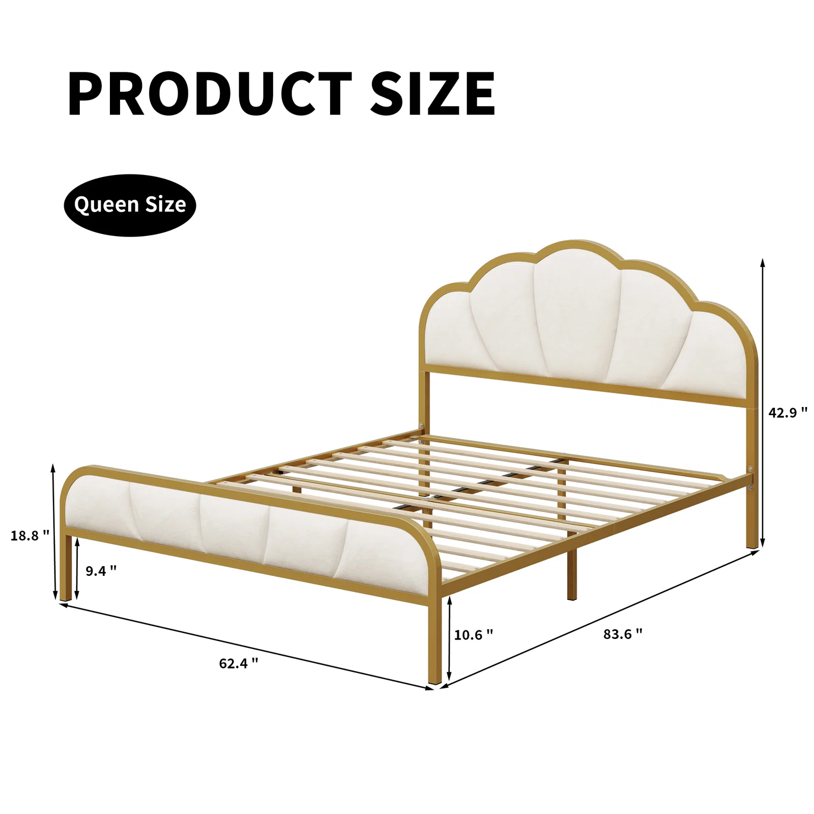Homfa Queen Size Bed Frame, Golden Velvet Upholstered Platform Bed  with Headboard for Bedroom, Seashell Bed for Kids Girls, Beige - image 2 of 10