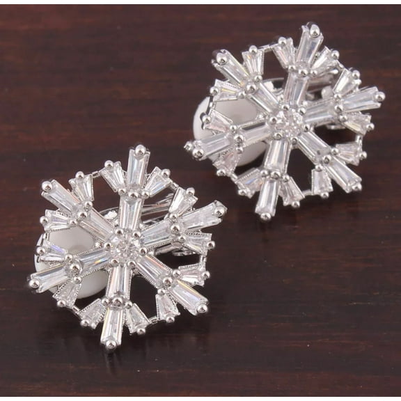 Clip on 1" silver or gold baguette cut clear stone snowflake earrings