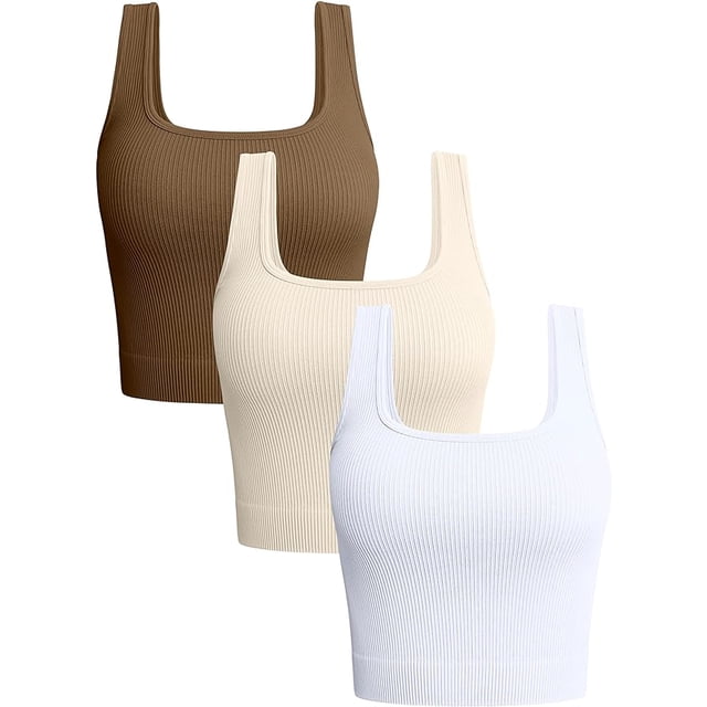 Women's 3 Piece Tank Tops Ribbed Seamless Workout Exercise Shirts Yoga Crop Tops