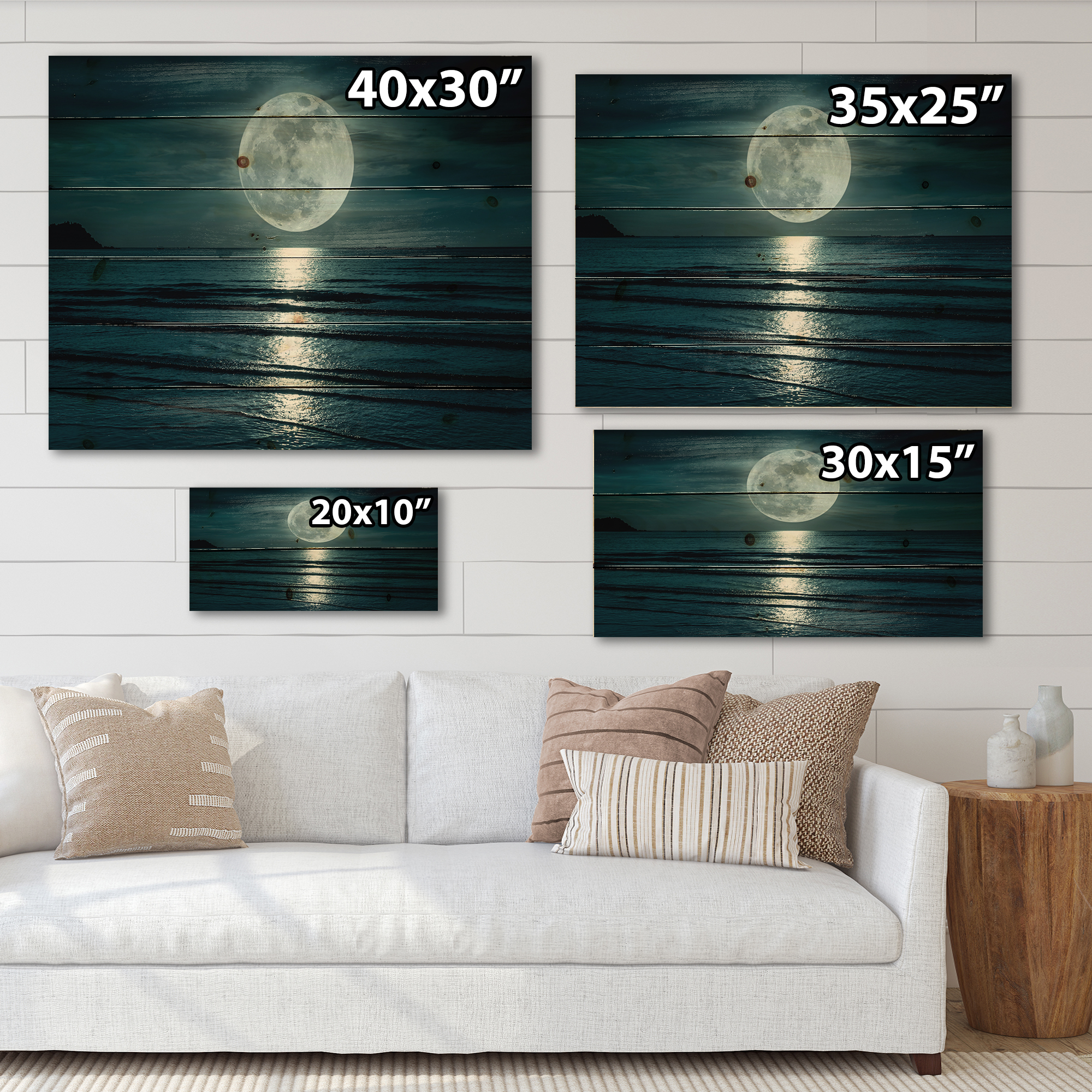 Designart 'Super Full Moon Over The Sea I' Modern Print on Natural Pine Wood