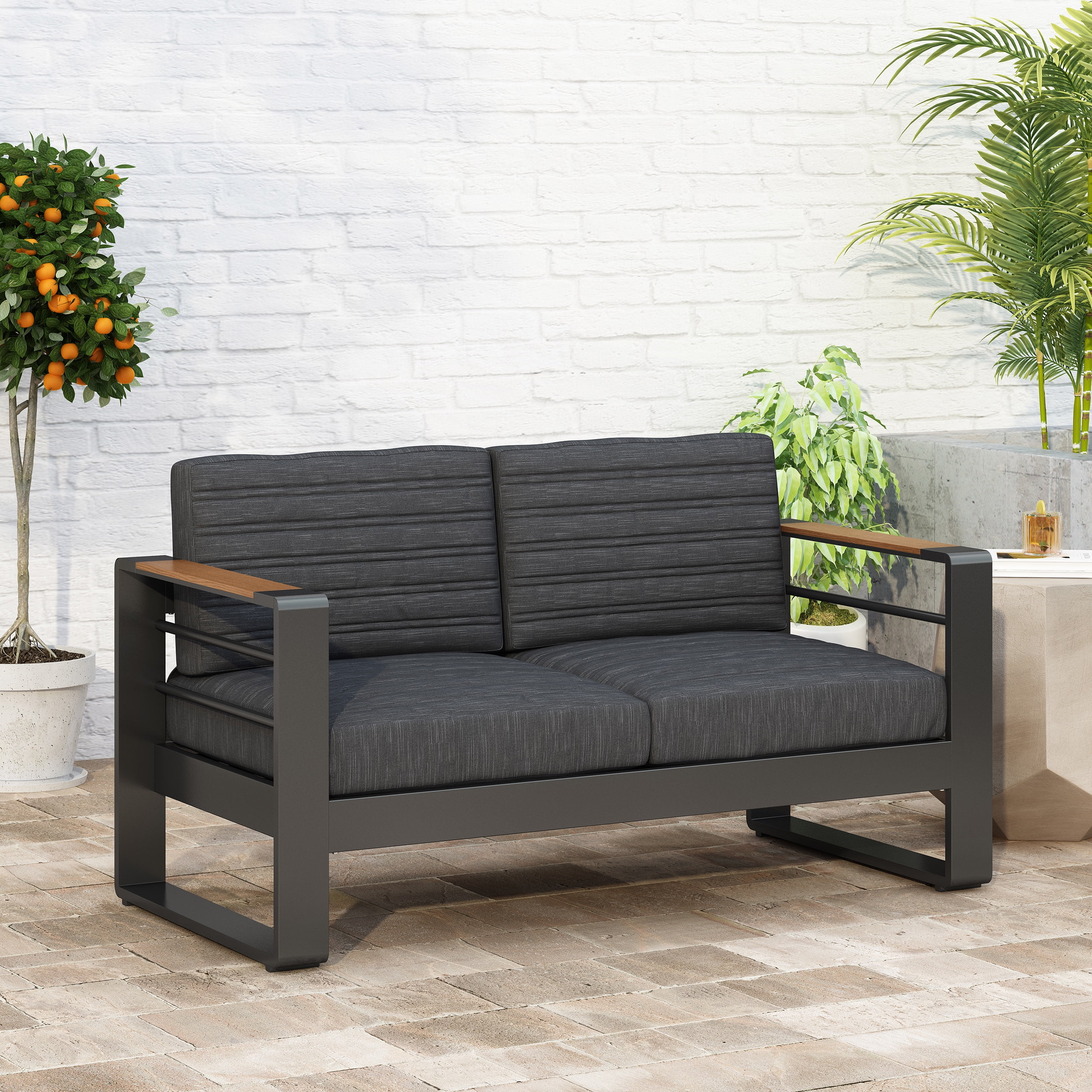 Noble House Negley Cushion Aluminum Outdoor Loveseat - Dark Gray/Black