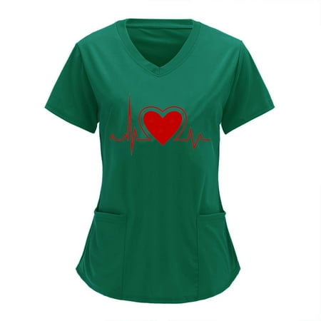 

Ecqkame Women Scrubs Top Clearance Women V-neck Solid Color Overalls Partial Positioning Printing Short Sleeve Working Uniform Tops Green XXL