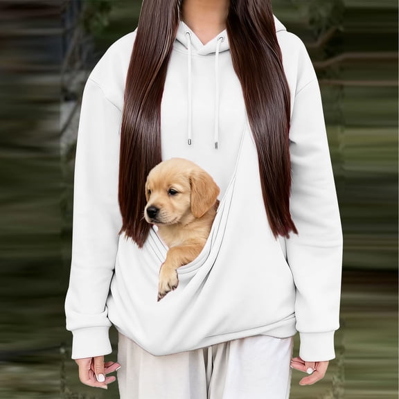 Womens Pouch Hoodie Solid Casual Long Sleeve Fleece Hooded Sweatshirts Cozy Soft Pullover Sweatshirt with Pocket White L
