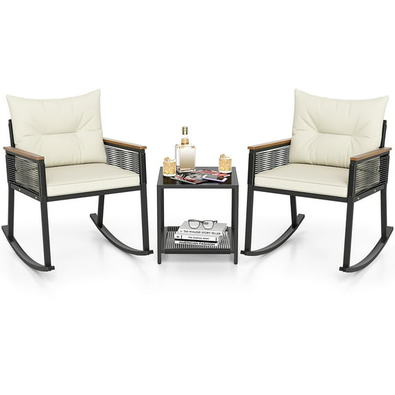 Gymax 3 PCS Patio Rocking Bistro Set Outside Wicker Rockers w/ 2-Tier Tempered Glass Coffee Table