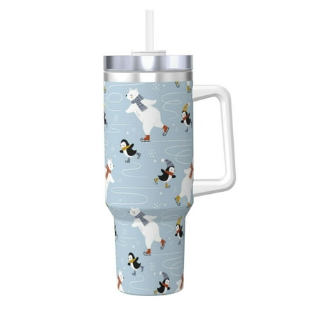

Gaeub Skiing penguin Bear Print Stainless Steel Hot/Cold Coffee Cup 40oz Ice Bully Cup With Handle And Straw Travel Coffee Cup