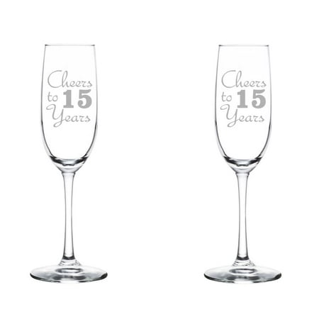 

Set of 2 Glass Champagne Flutes Sparkling Wine Glasses Anniversary Cheers 15 Years (8 oz Stemmed)