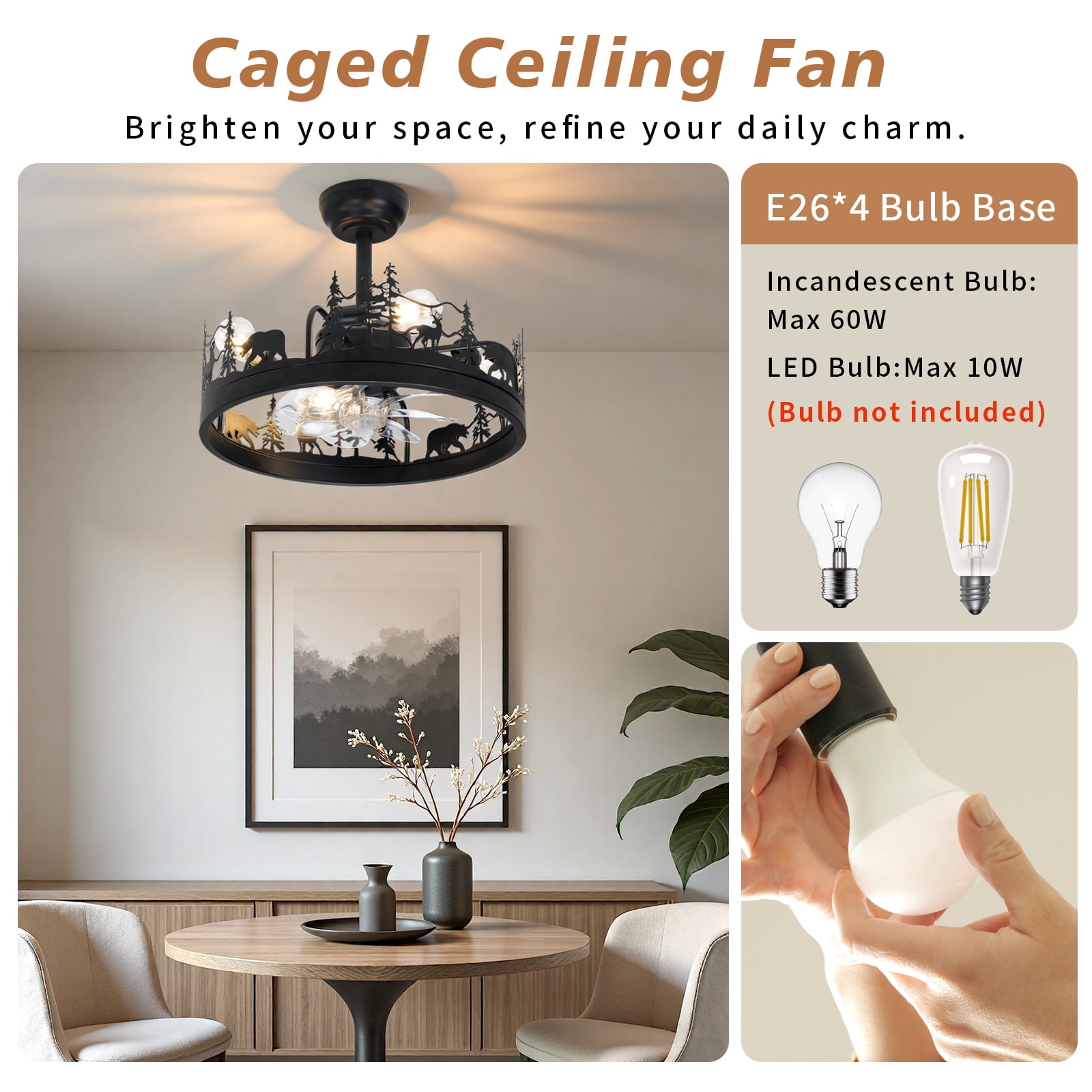RJFKSNC Farmhouse Ceiling Fan with Light, 20" Caged Fandelier with Remote; Forest Bear & Deer Design, 6-Speed Reversible DC Motor, Low Profile Flush Mount Chandelier Fan for Bedroom, Living Room