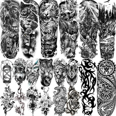 COKTAK 20 Sheets Extra Large Full Arm Temporary Tattoos For Men Adults, Tiger Snake Leopard Lion King Temporary Tattoos Sleeve For Women, Temp Waterproof Fake Tattoo Stickers For Kids Warrior Tatoos