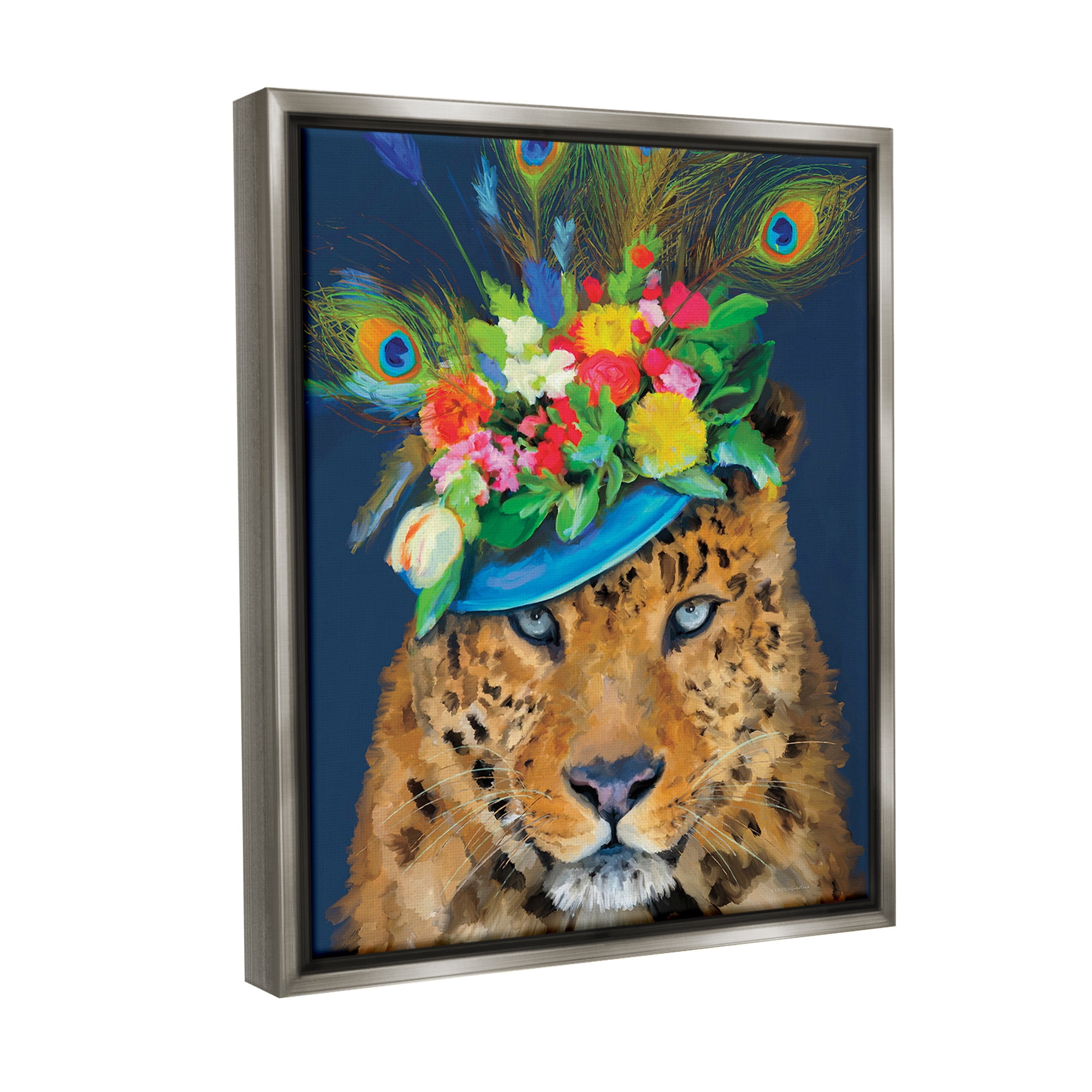 Stupell Industries Cheetah with Feather Hat Animals & Insects Painting Gray Floater Framed Canvas Art Print Wall Art, 25 x 31