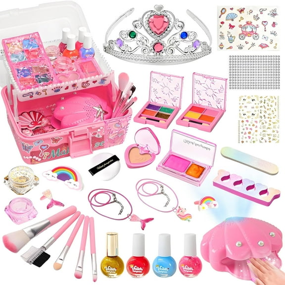 Syenll Kids Nail Polish Kit for Girls, Washable Makeup Set Mermaid Jewelry Kit with Nail Dryer, Princess Cosmetic Set Birthday Gifts for Little Girls, Pink