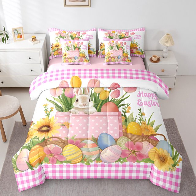 Erosebridal Easter Eggs Rabbit Flower Bedding Queen Size,Geometric Buffalo Bedding Sets Queen Size,Fesival Bedroom Decor,Reversible,Lightweight,7 Pieces