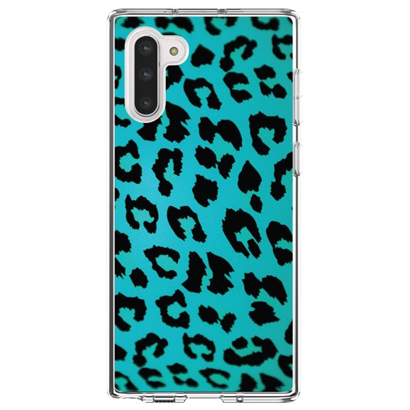 DistinctInk Clear Shockproof Hybrid Case for Samsung Galaxy Note 10 (6.3" Screen) - TPU Bumper, Acrylic Back, Tempered Glass Screen Protector - Teal Black Leopard Skin Spots