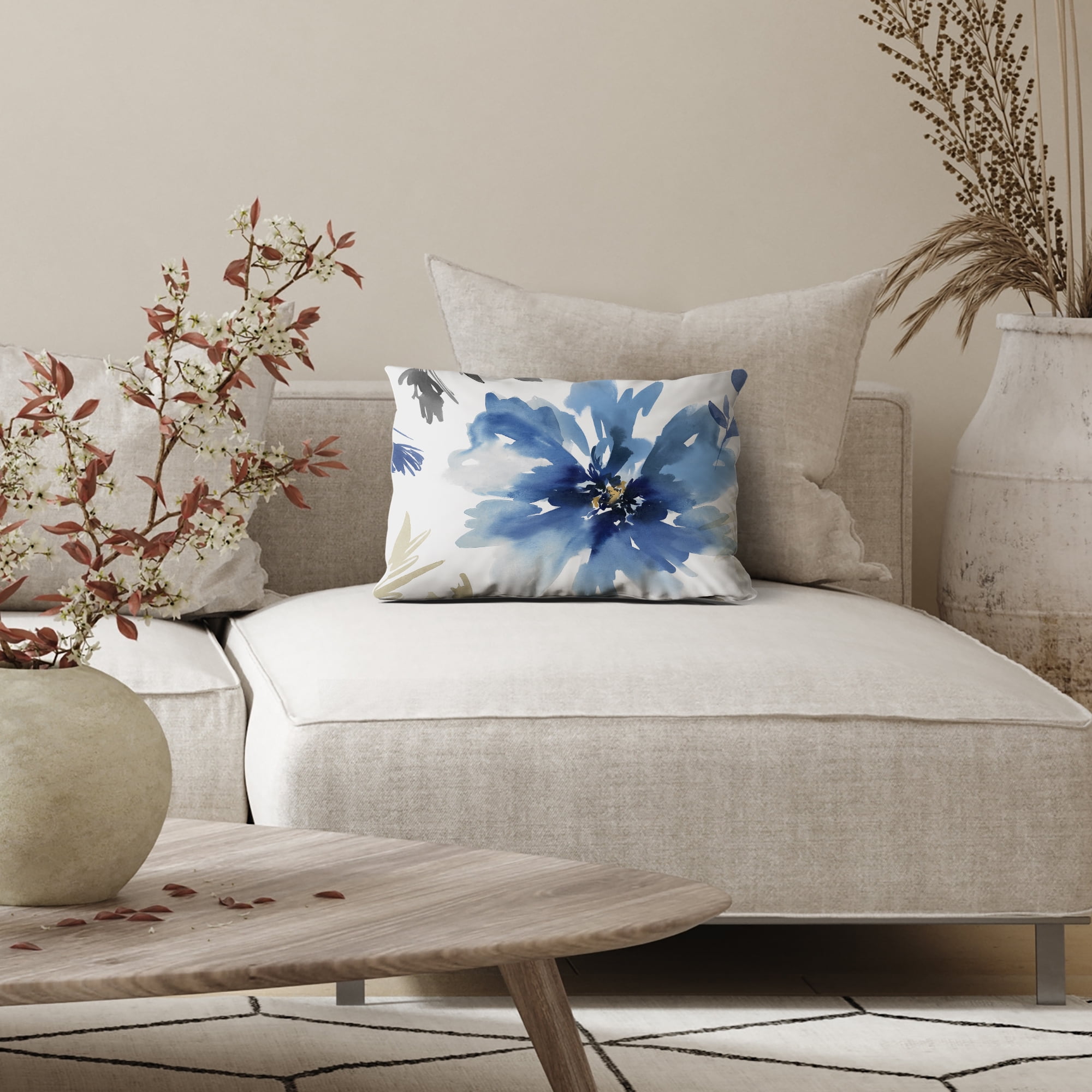Americanflat 20"x14" Floral Rectangular Throw Pillow with Premium Polyester - White and Indigo