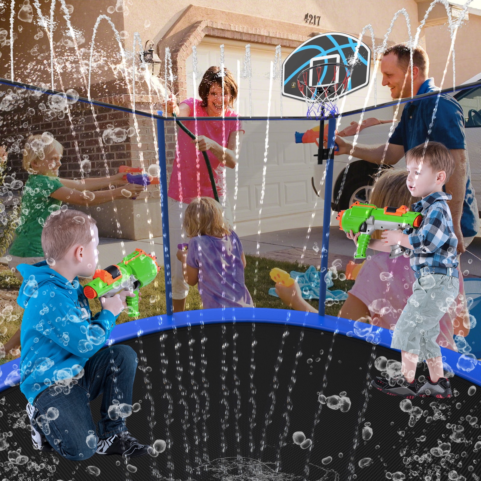 10FT Trampoline for Adults/Kids Outdoor Trampoline with Enclosure Net Basketball Hoop Sprinkler Wind Stakes Ladder Recreational Trampoline for Backyard