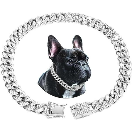 Wellsay Dog Chain Collar Diamond Cuban Link Dog Collar 1m Wide Dog Necklace Metal Chain Pet Crystal Collar Jewelry Accessories for Puppy Small Medium Large Dogs s (Gold  12 inch)