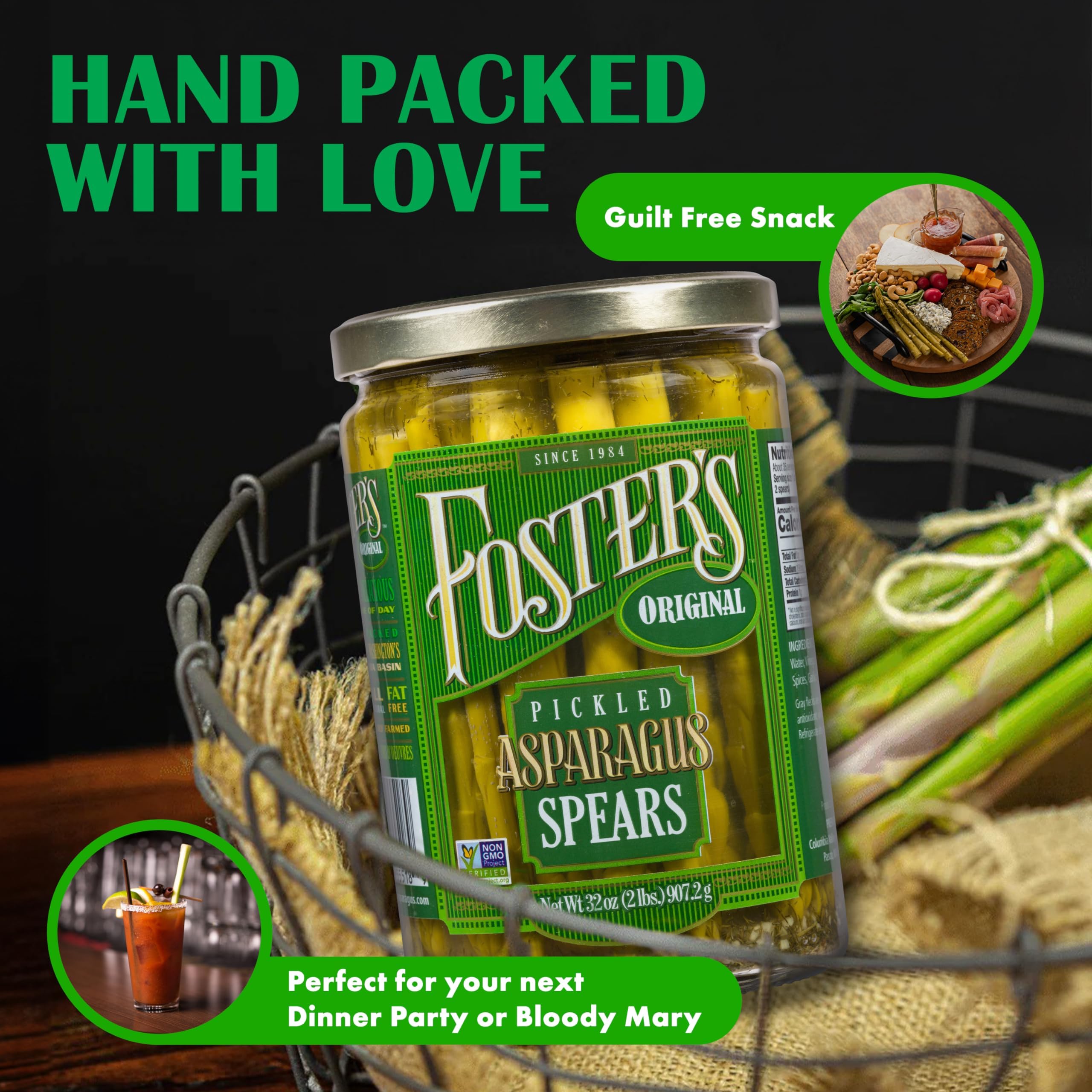 Foster's Pickled Asparagus Spears in a Jar, Original, 32oz, 2 Pack, Traditional Pickled Vegetables Recipe for over 40 years, Low Calorie Snack, Gluten Free, Fat and Preservative Free Pickles