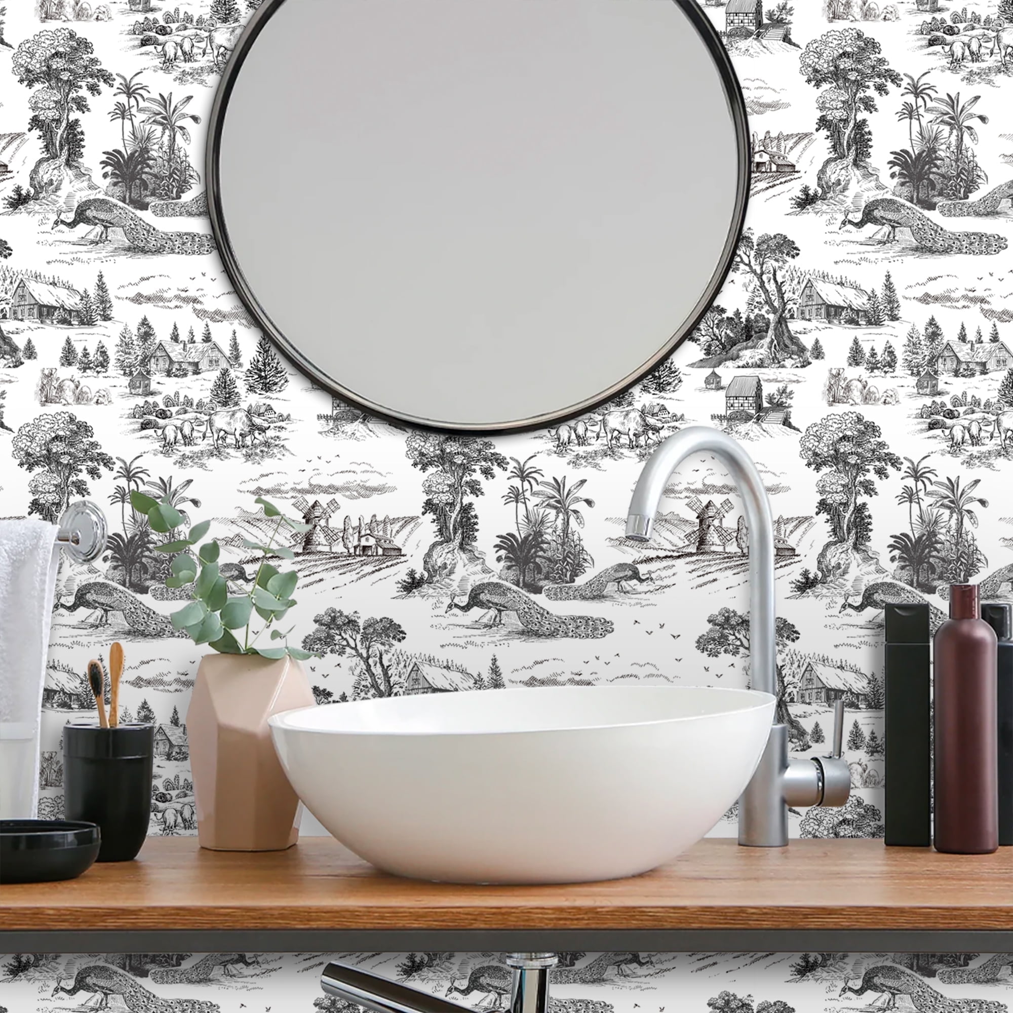 (3 pack) Abyssaly Peel and Stick Wallpaper Black Contact Wallpaper 17.7" x 118" Vintage Peacock Contact Paper Removable Self-Adhesive Wall Paper for Kitchen Bedroom Living Room Cabinets Shelf Contertop