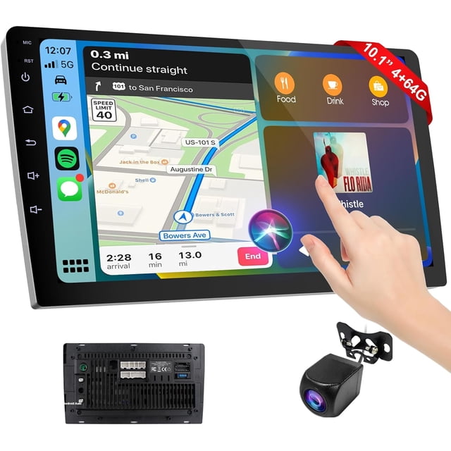 téreo inalámbrico de doble DIN para coche con Apple CarPlay/Android Auto, pantalla Carplay para coche, control de voz con cámara de rpaldo, Bluetooth, navegación, Mirror Link (10.1 pulgadas)